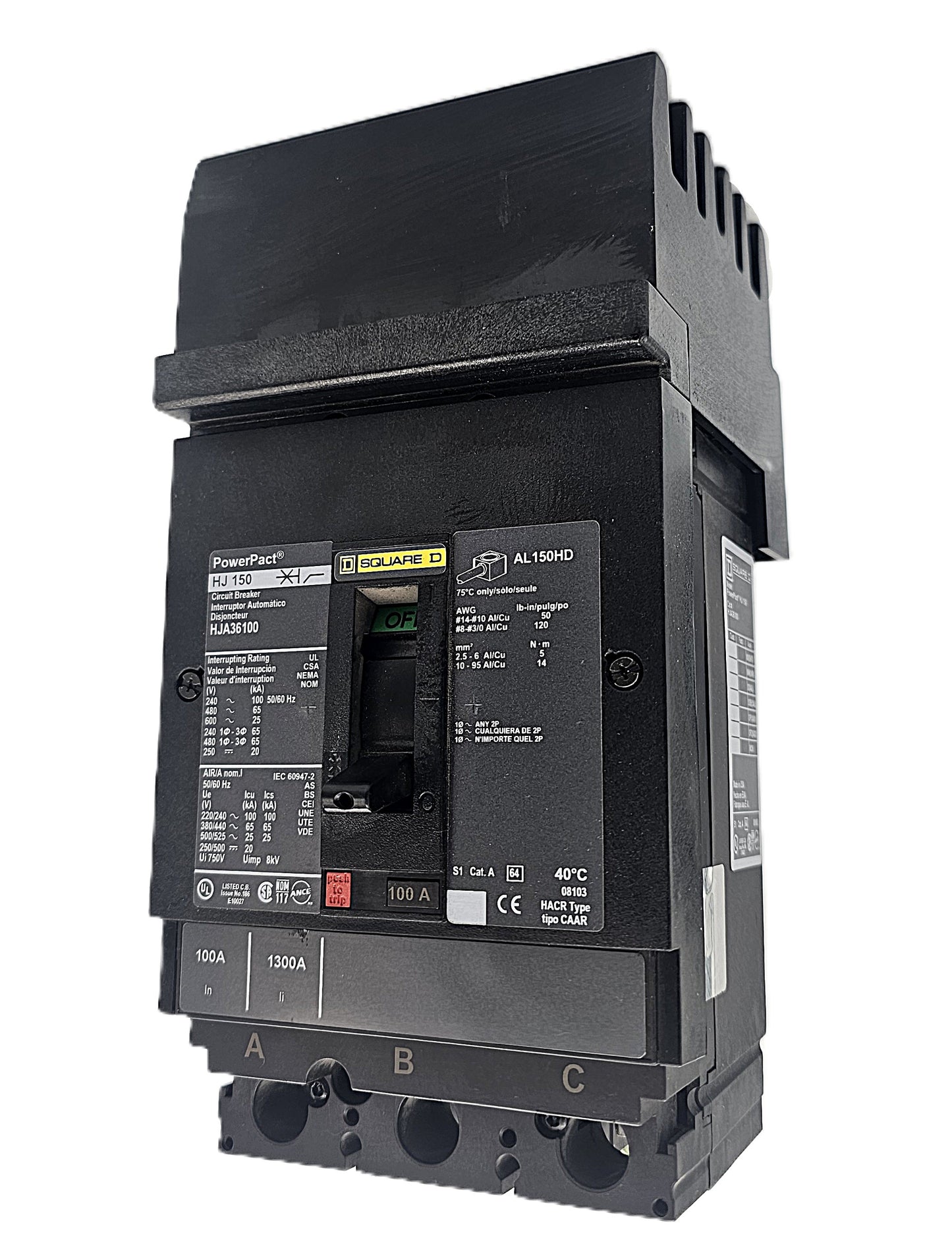 Square D PowerPact HJA36100 Circuit Breaker 3-Pole, 100 Amp, 600V AC, Bolt-On, HJ-Frame