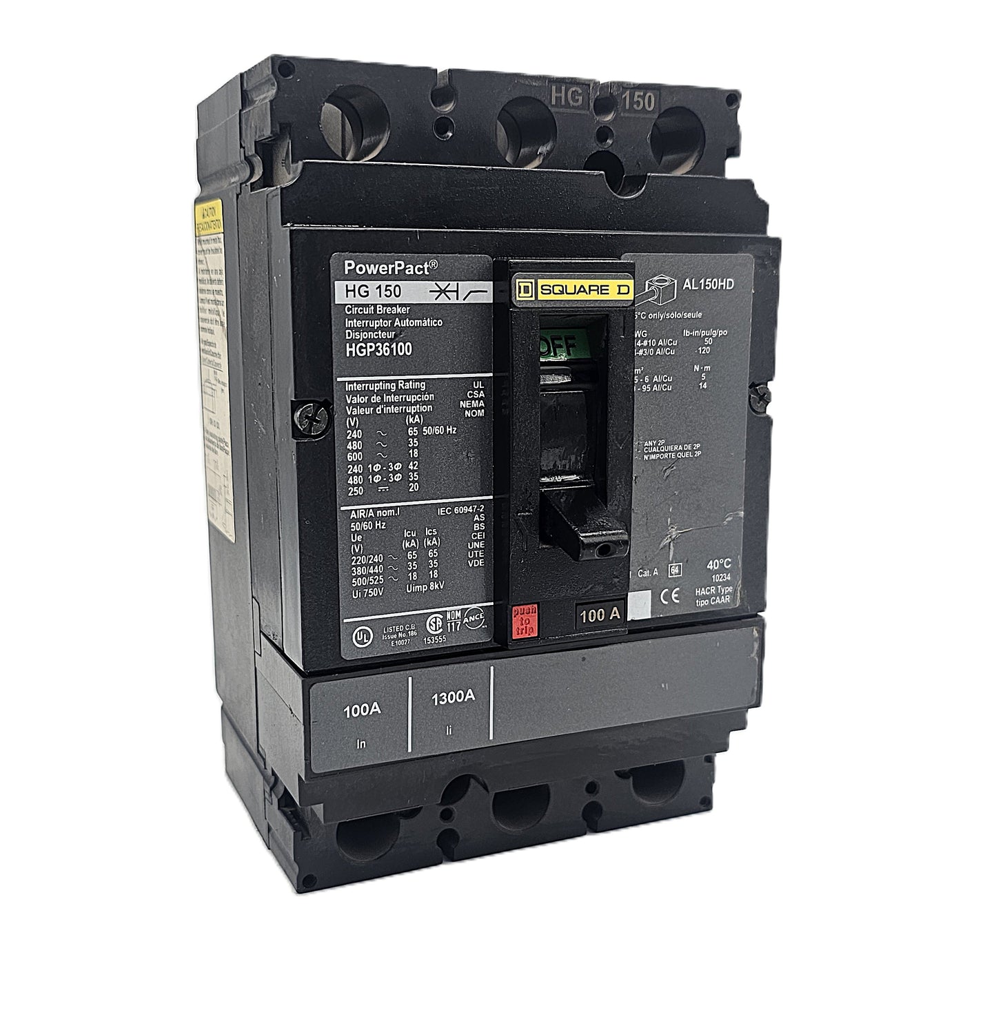 Square D HGP36100 Circuit Breaker 3-Pole, 100 Amp, 600V AC, PowerPact HG Frame
