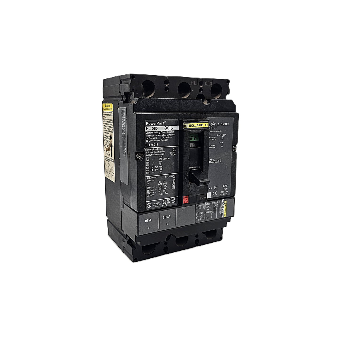 Square D HLL36015 Circuit Breaker 3-Pole, 15 Amp, 600V AC, PowerPact HL Frame
