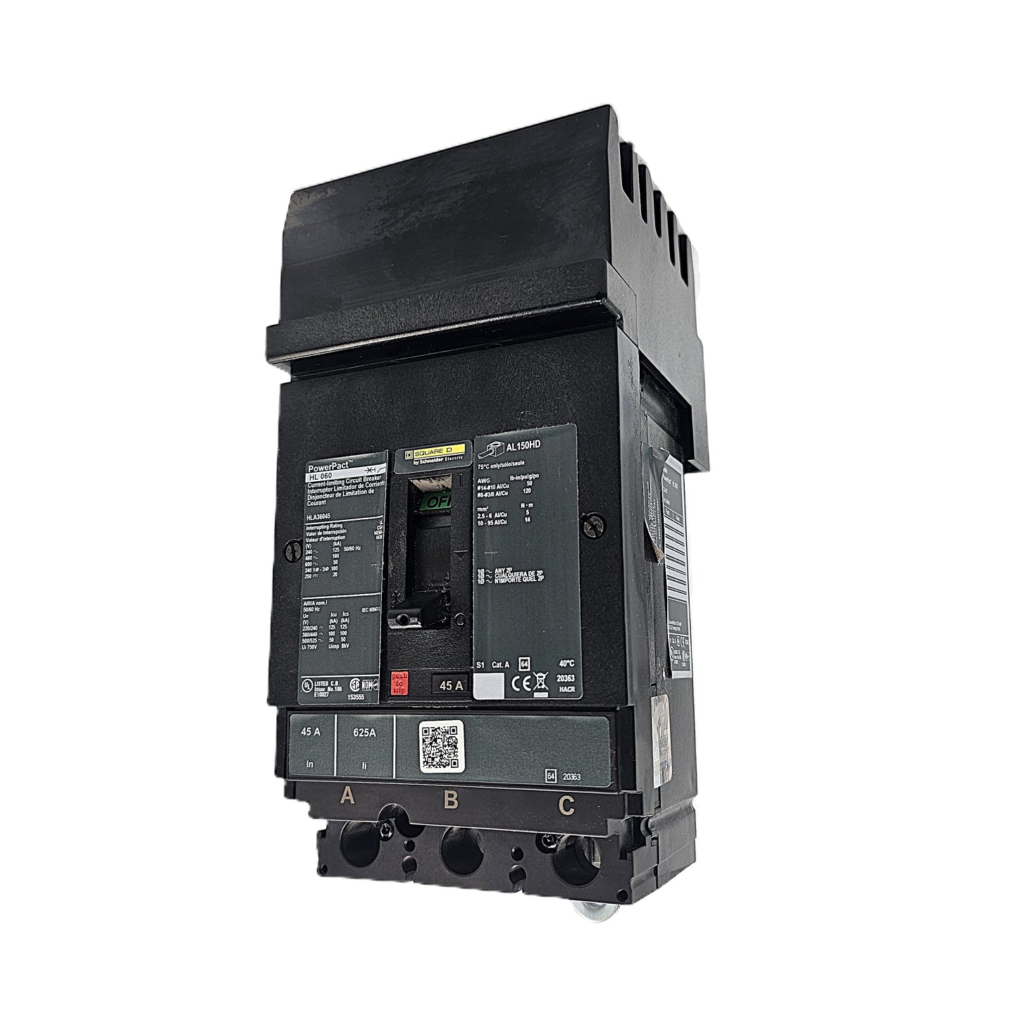 Square D HLA36045 Circuit Breaker 3-Pole, 45 Amp, 600V AC, PowerPact HL Frame)