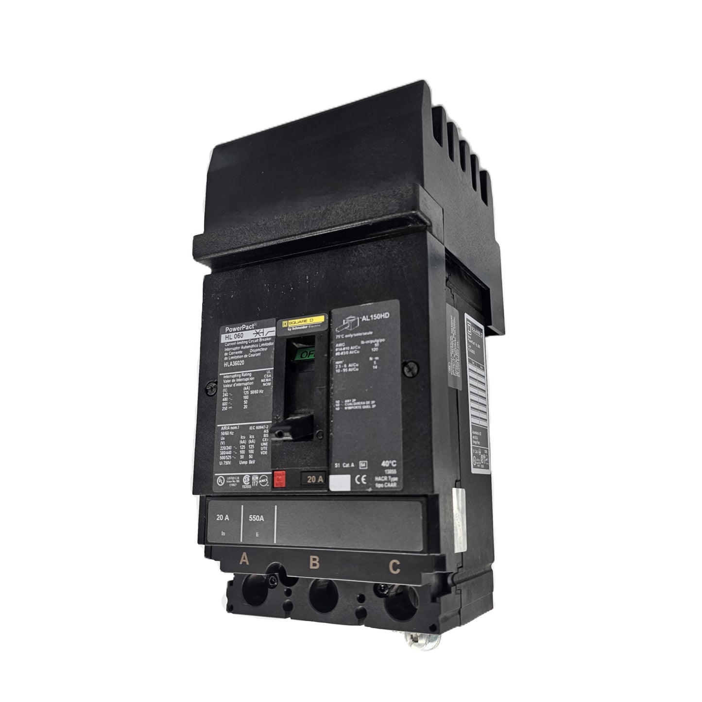 Square D HLA36020 Circuit Breaker 3-Pole, 20 Amp, 600V AC, PowerPacT HL Frame