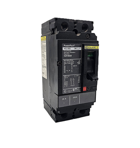 Square D HGP26020 Circuit Breaker 2-Pole, 20 Amp, 600V AC, PowerPacT HG-Frame