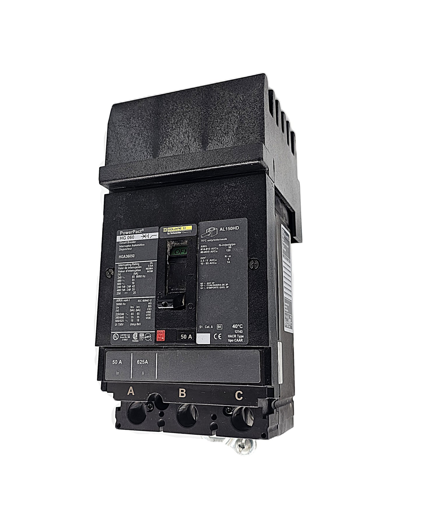 Square D HGA36050 Circuit Breaker 3-Pole, 50 Amp, 600V AC, PowerPacT HG-Frame
