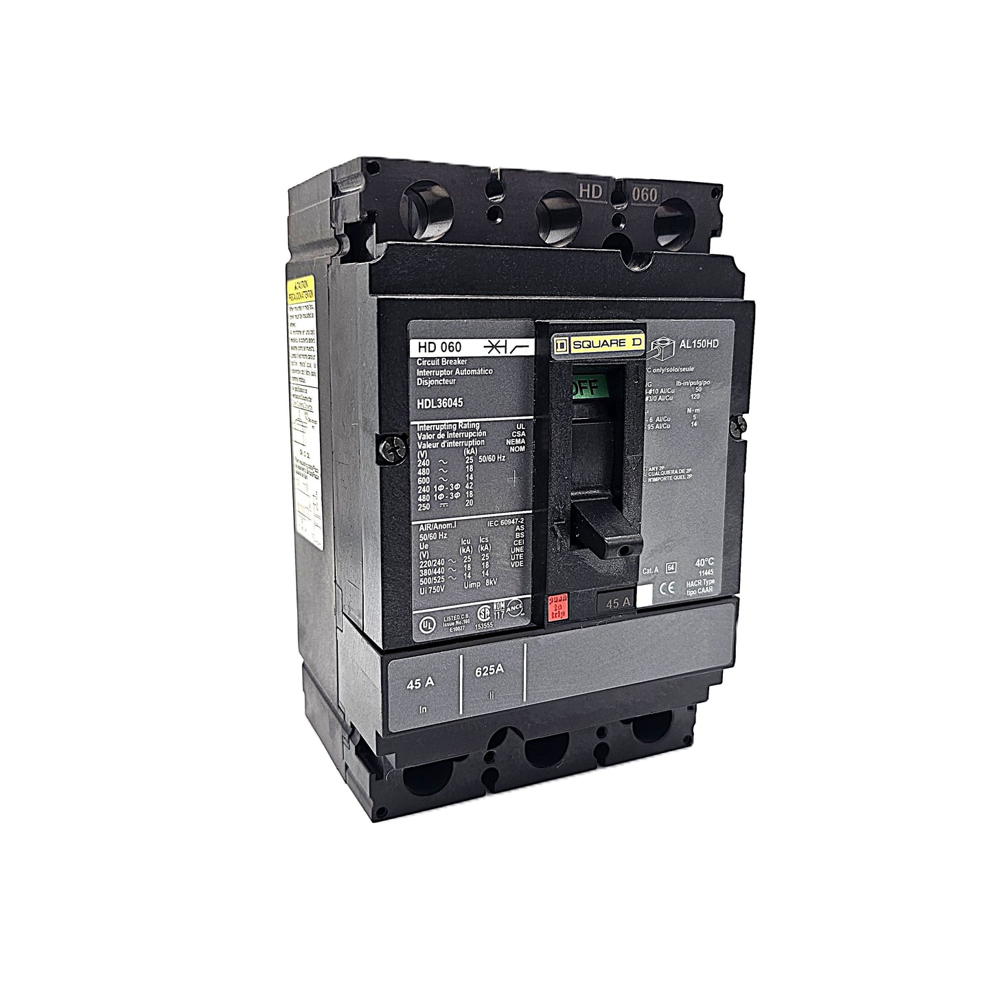 Square D HDL36045 Circuit Breaker  3-Pole, 45 Amp, 600V AC, PowerPact HD-Frame