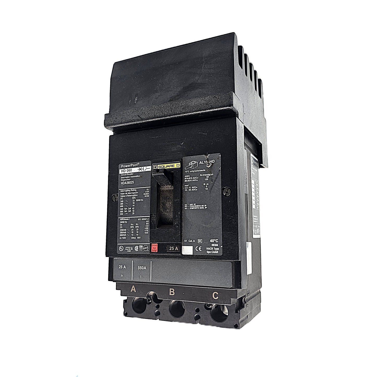 Square D HDA36025 Circuit Breaker 3-Pole, 25 Amp, 600V AC, PowerPacT HD-Frame