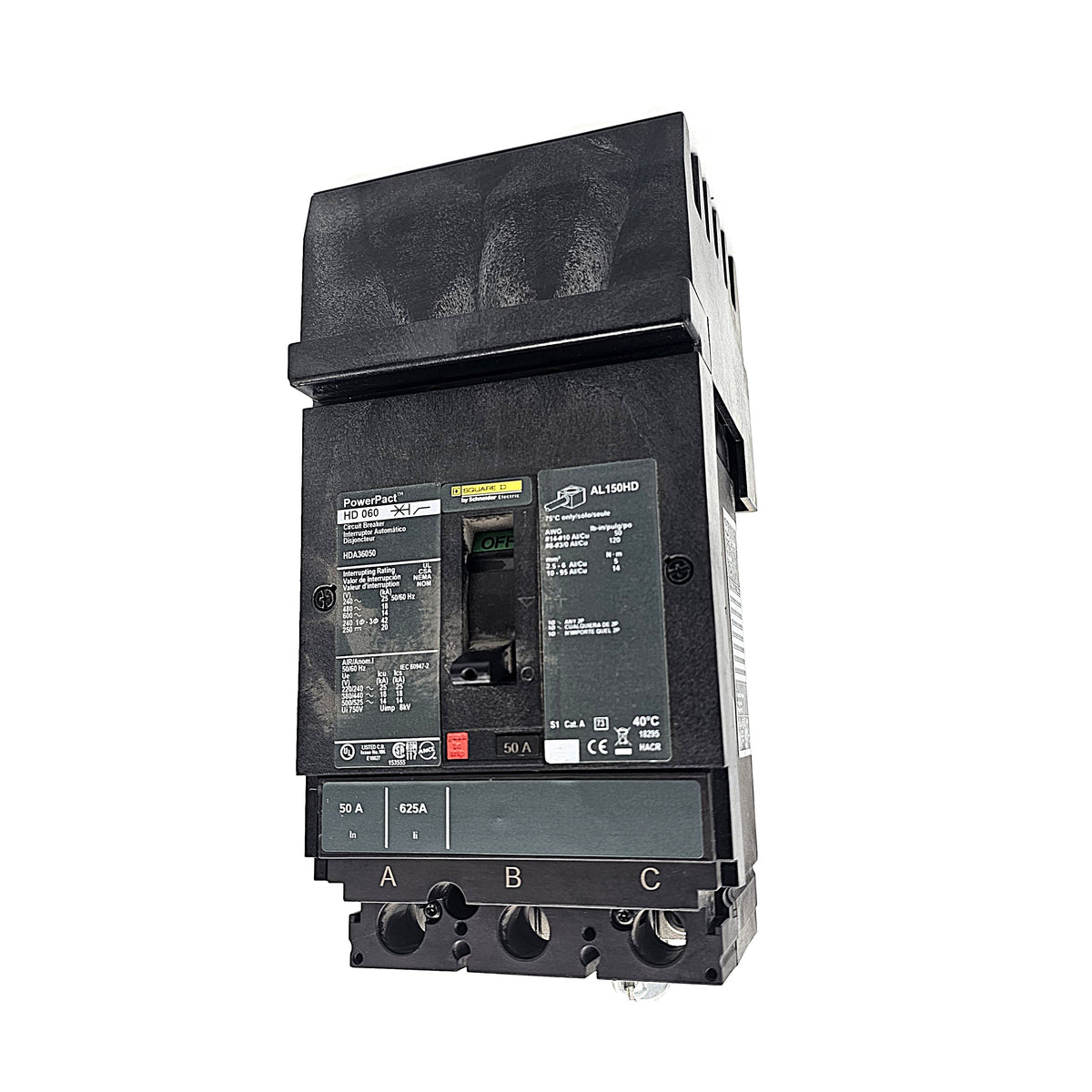 Schneider Electric PowerPact HDA36050 Circuit Breaker 3-Pole, 50 Amp, 600V AC, Thermal Magnetic, HD Frame