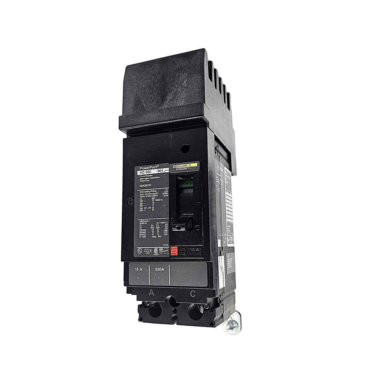 Schneider Electric PowerPact HDA260152 Circuit Breaker 2-Pole, 15 Amp, 600V AC, Thermal Magnetic, HD Frame