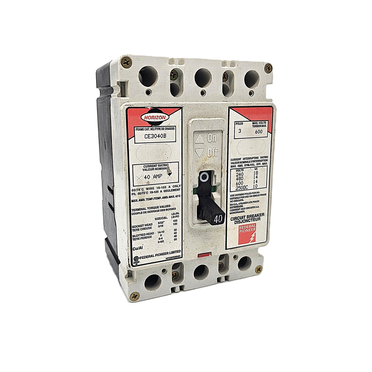 Horizon / Square D CE3030B Circuit Breaker 3-Pole, 40 Amp, 600V AC, Thermal Magnetic, CE Frame