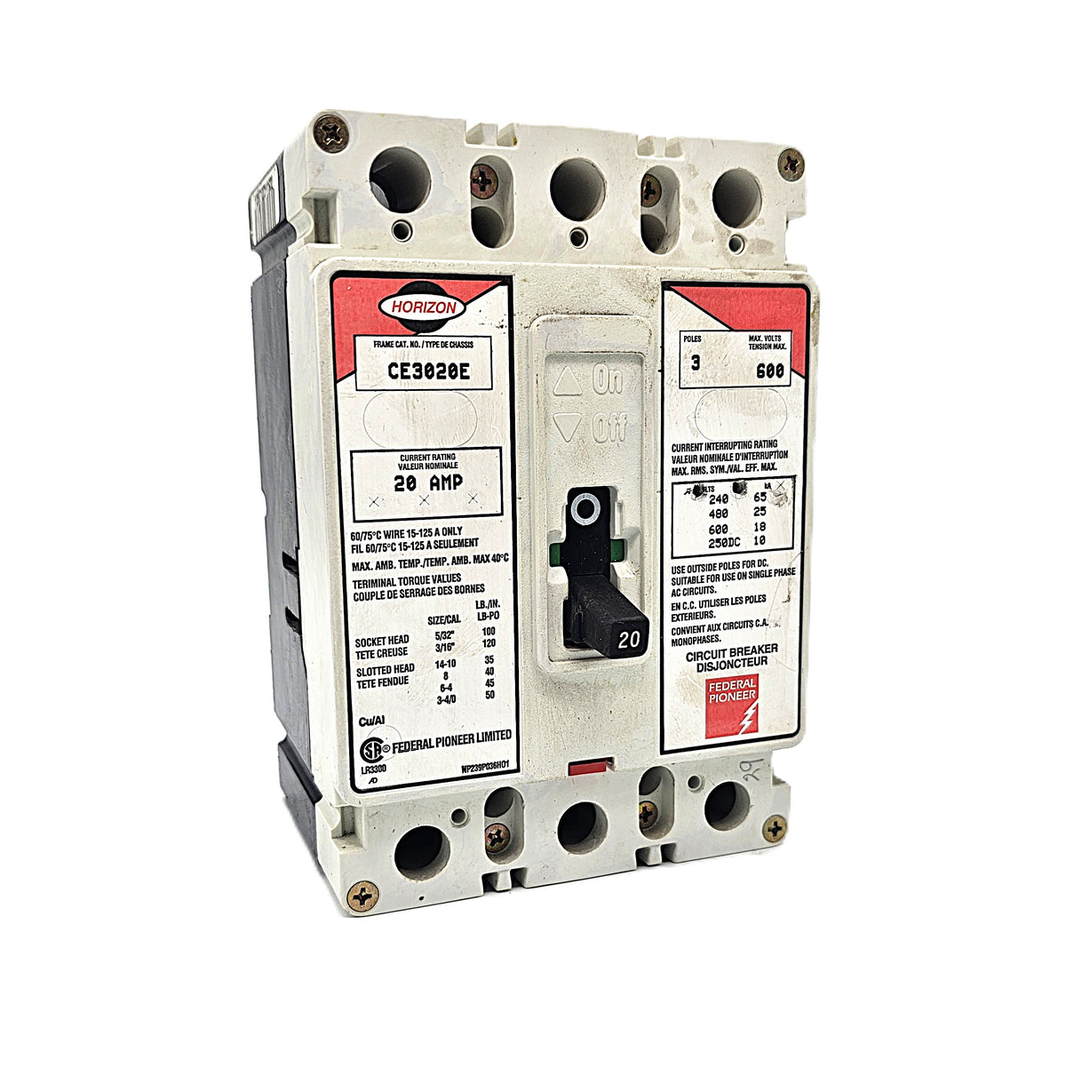 Horizon / Square D CE3020E Circuit Breaker 3-Pole, 20 Amp, 600V AC, Thermal Magnetic, CE Frame