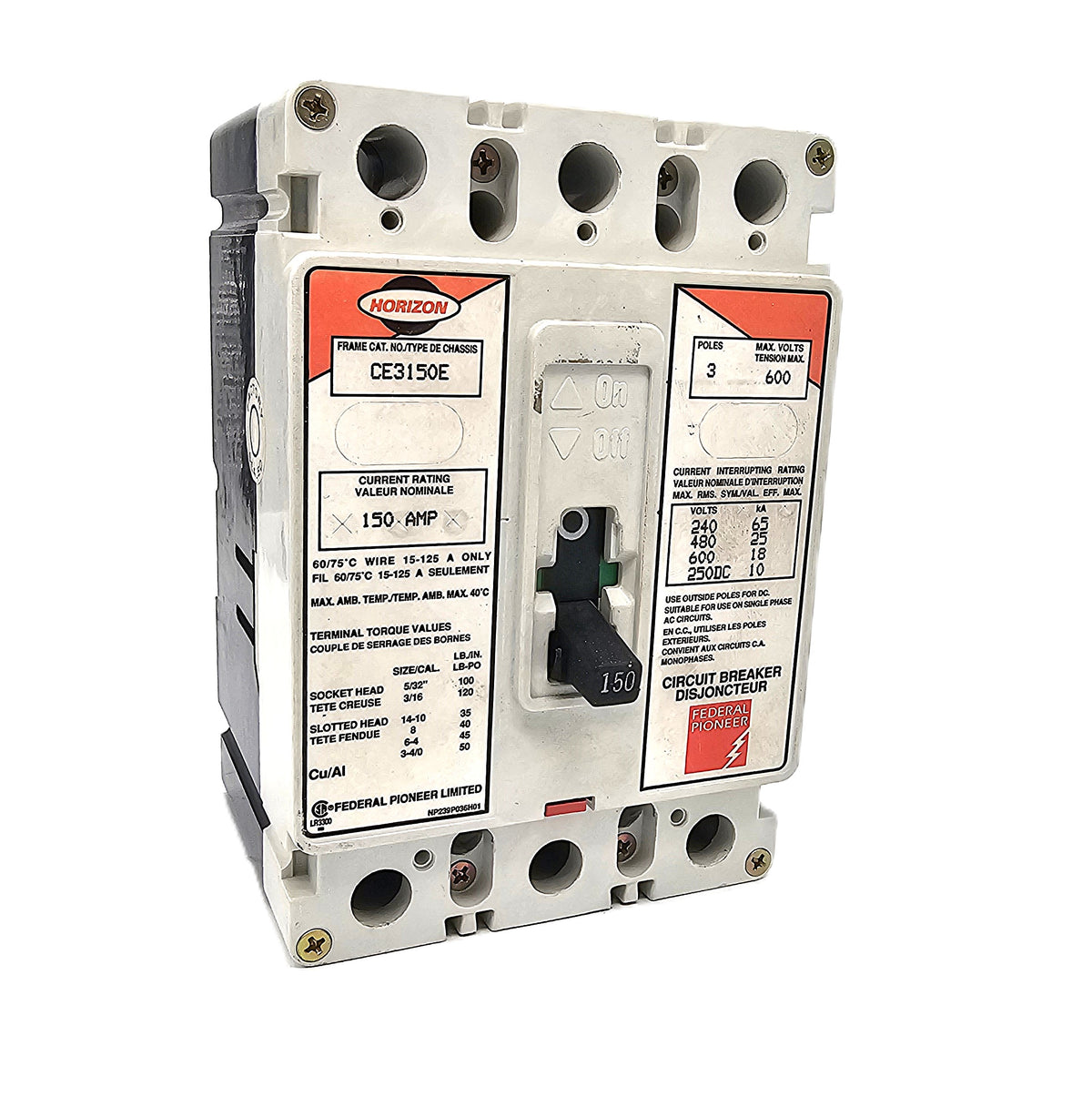 Horizon / Square D Type CE Circuit Breaker 3-Pole, 150 Amp, 600V AC, Thermal Magnetic, CE Frame