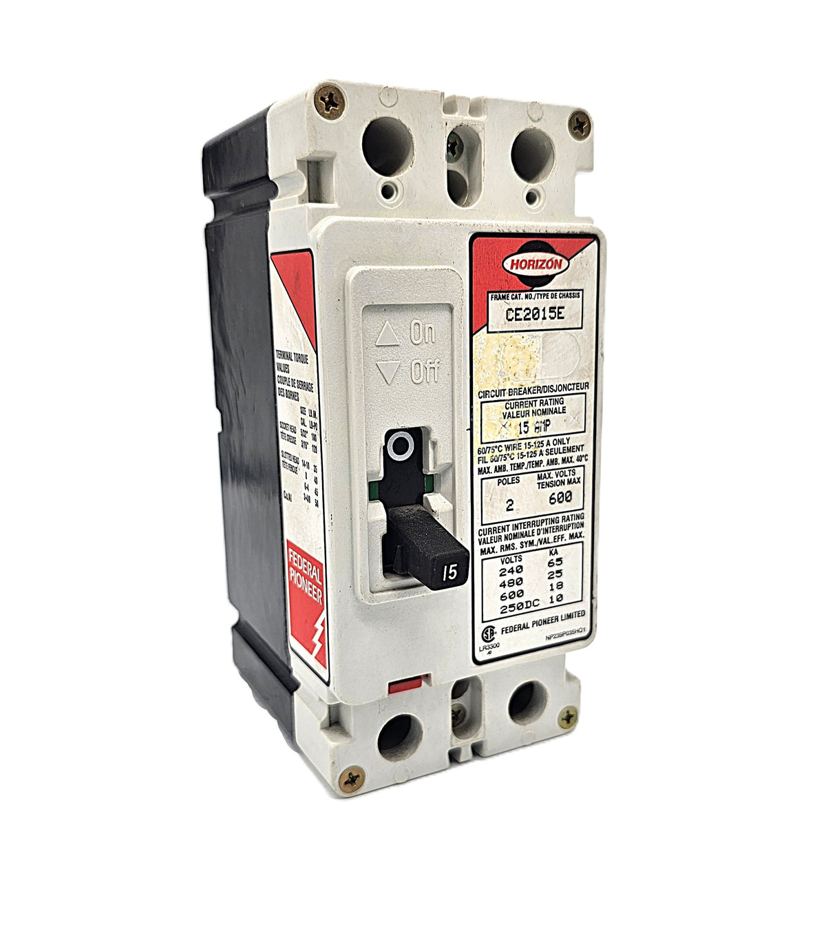 Horizon / Square D Type CE Circuit Breaker 2-Pole, 15 Amp, 600V AC, Thermal Magnetic, CE Frame