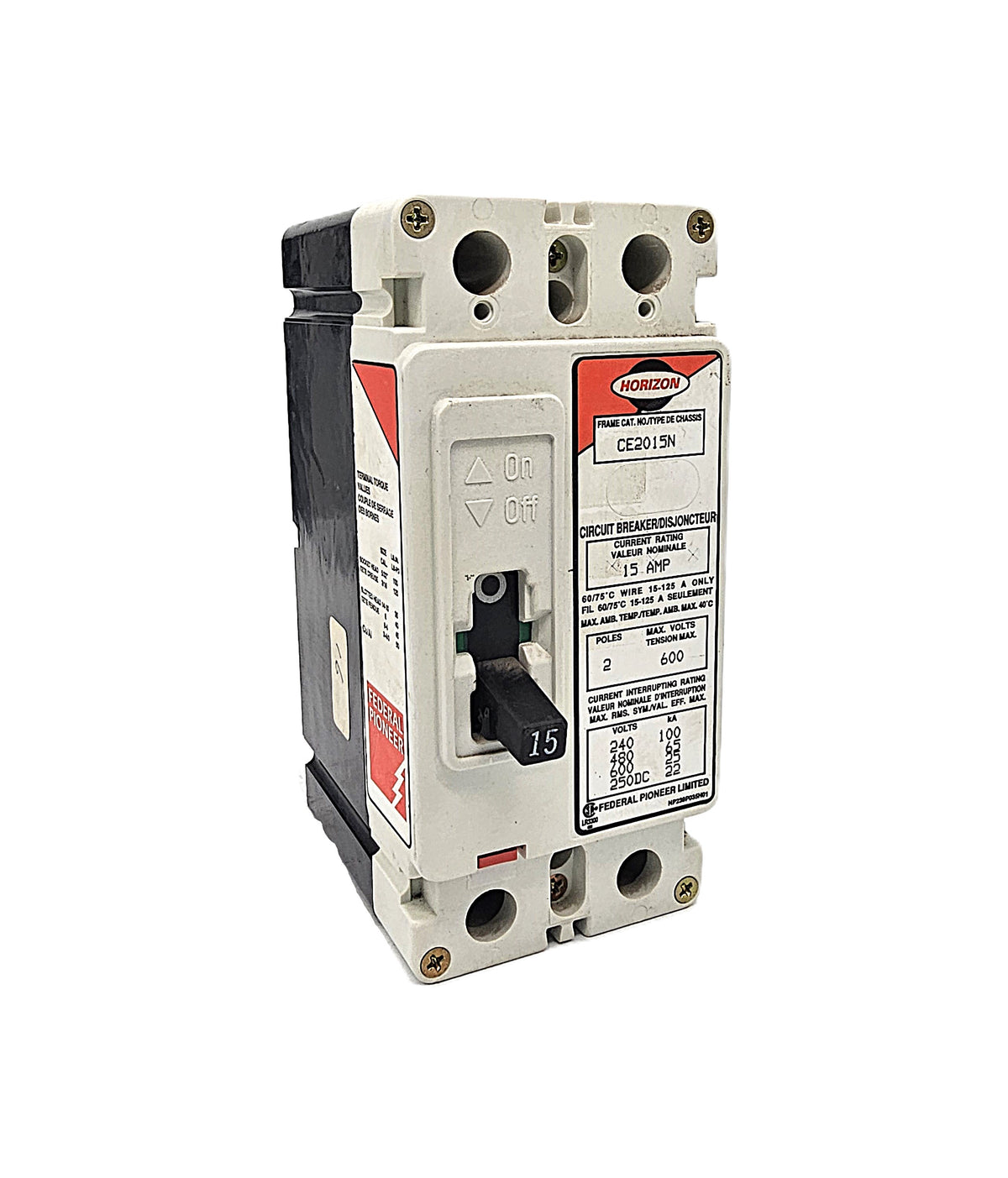 Horizon / Square D CE2015N Circuit Breaker 2-Pole, 15 Amp, 600V AC, Thermal Magnetic, CE Frame