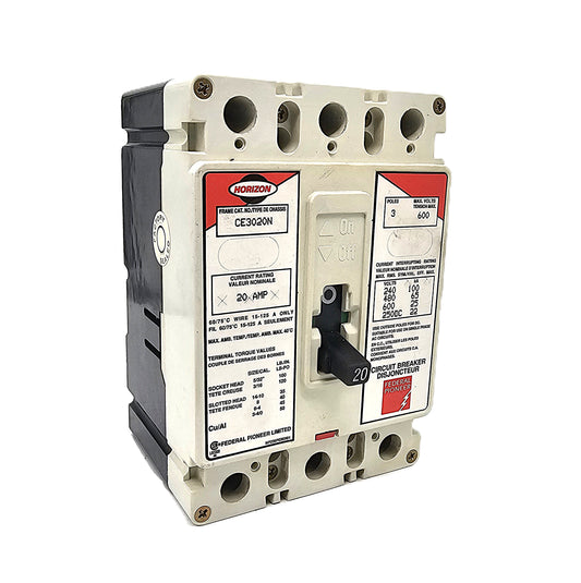 Horizon / Federal Pioneer CE3020N Circuit Breaker 3-Pole, 20 Amp, 600V AC, Thermal Magnetic, CE Frame