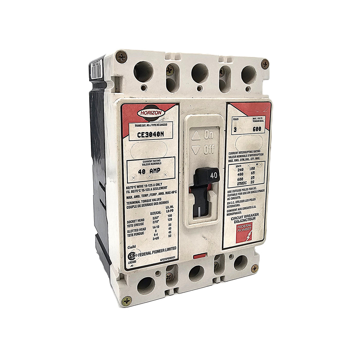 Horizon / Federal Pioneer CE3040N Circuit Breaker 3-Pole, 40 Amp, 600V AC, Thermal Magnetic, CE Frame