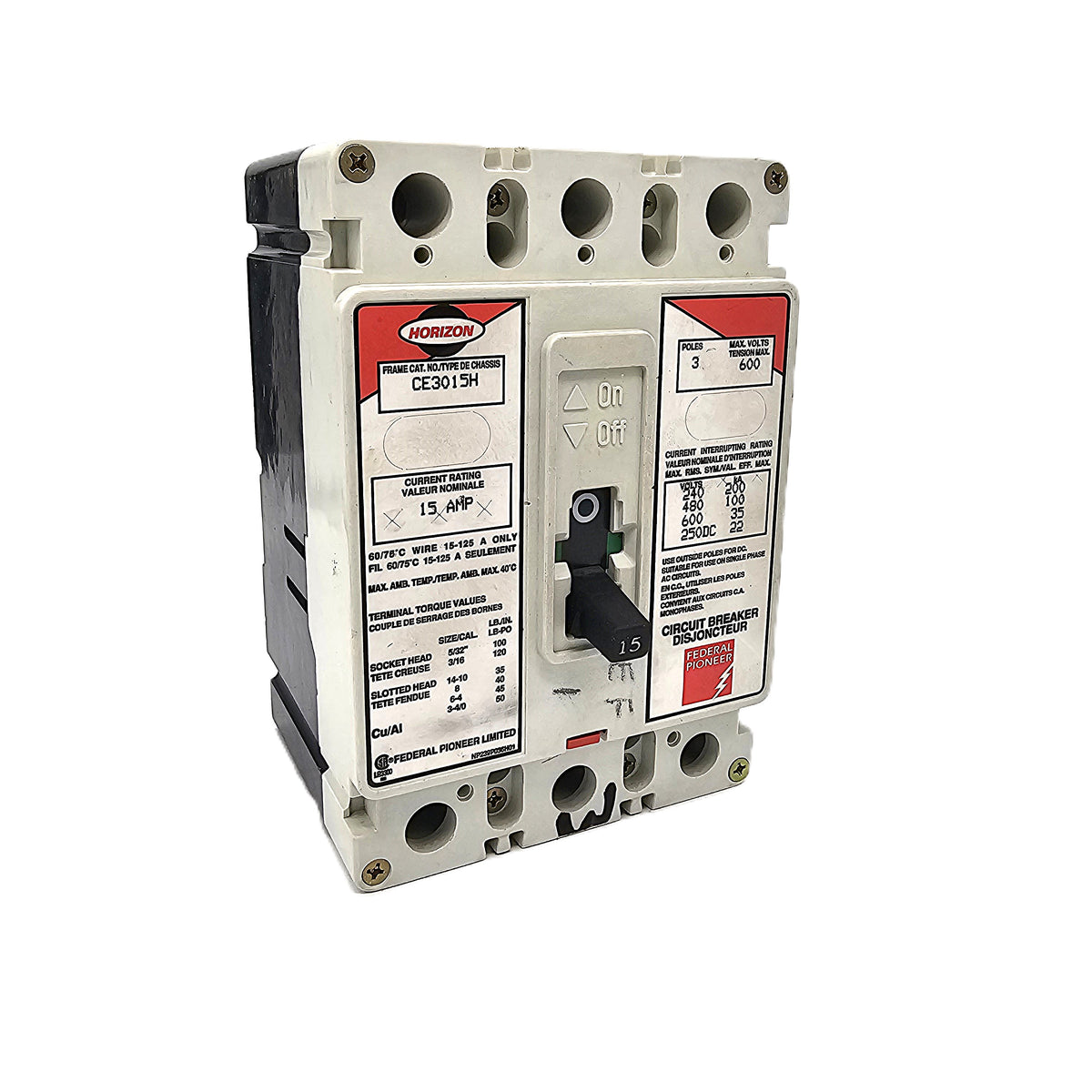 Horizon / Federal Pioneer CE3015H Circuit Breaker  (3-Pole, 15 Amp, 600V AC, Thermal Magnetic, CE Frame