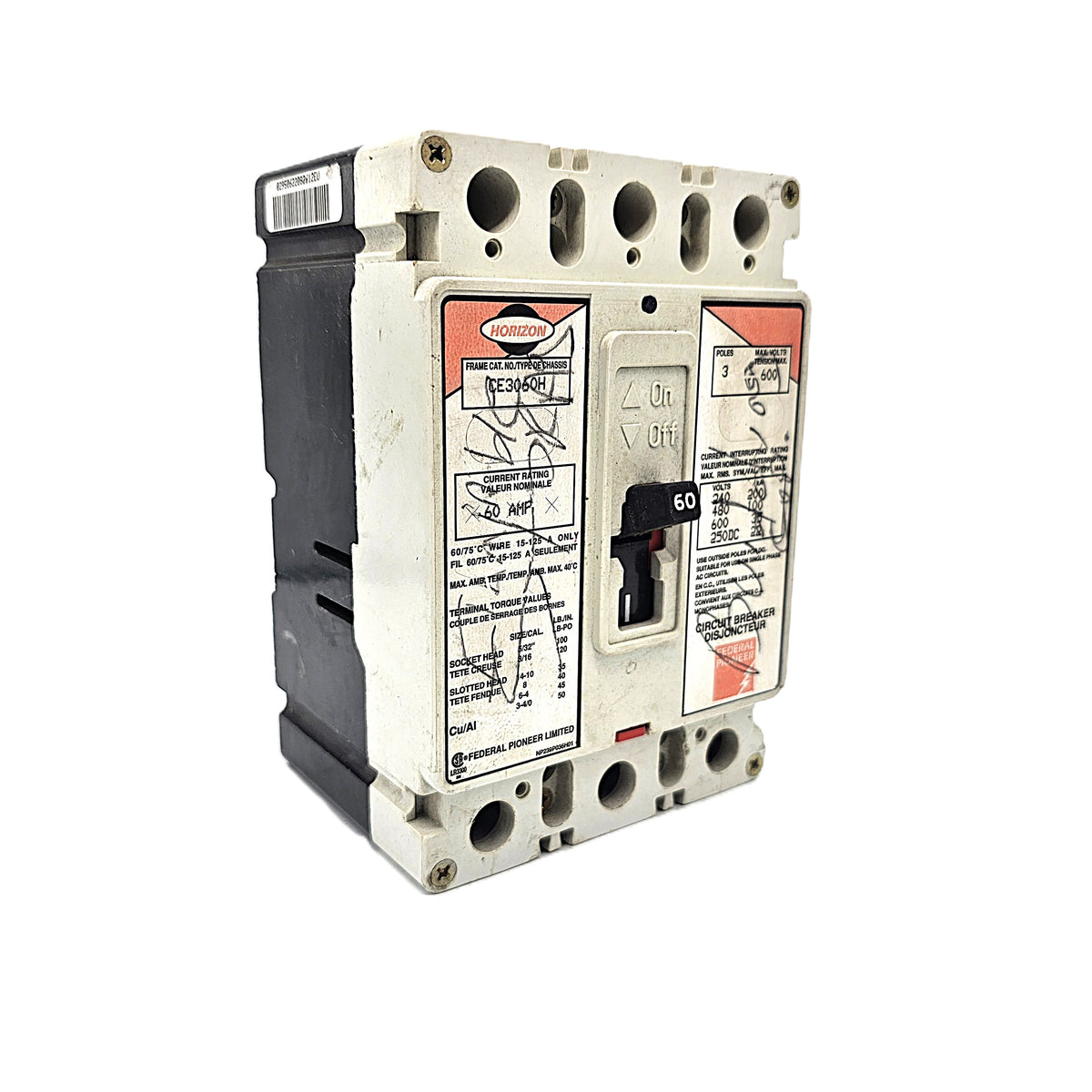 Horizon / Federal Pioneer CE3060H Circuit Breaker 3-Pole, 60 Amp, 600V AC, Thermal Magnetic, CE Frame