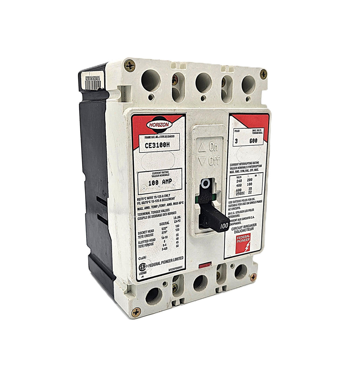 Horizon / Federal Pioneer CE3100H Circuit Breaker 3-Pole, 100 Amp, 600V AC, Bolt-On, CE Frame