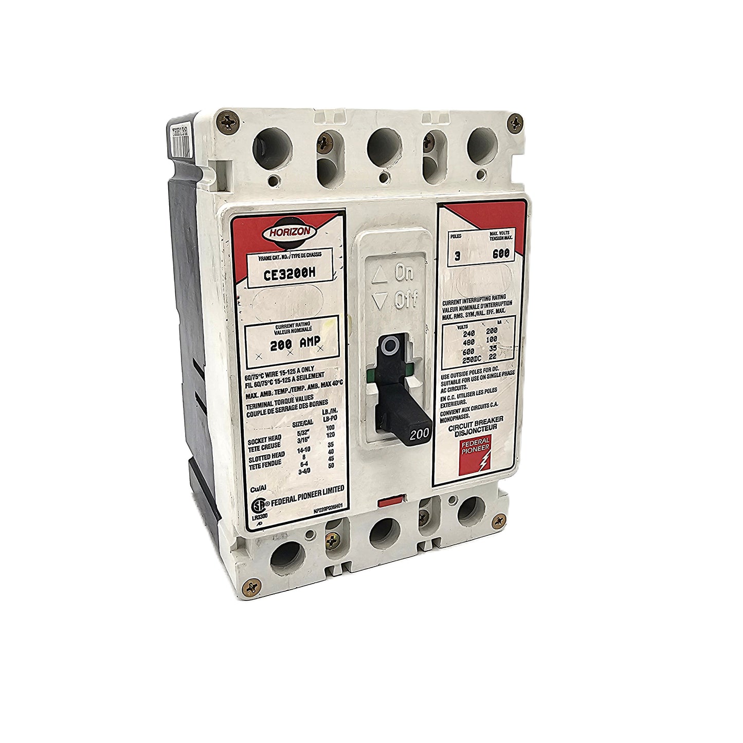 Horizon / Federal Pioneer CE3200H Circuit Breaker 3-Pole, 200 Amp, 600V AC, Bolt-On, CE Frame
