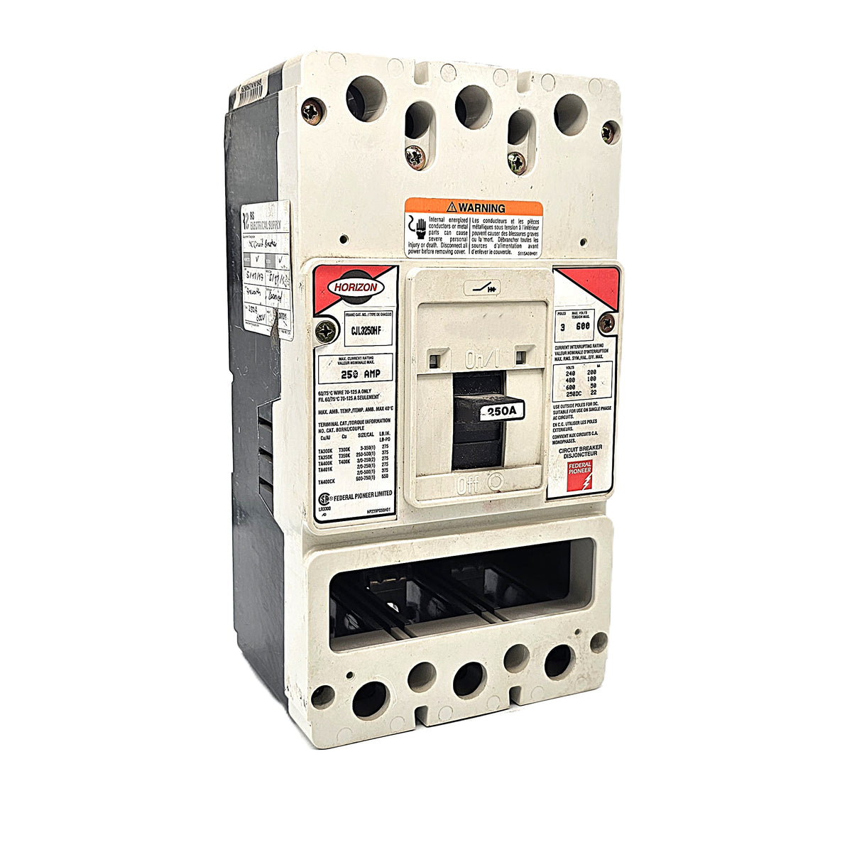 Horizon / Federal Pioneer CJL3250NF Circuit Breaker  3-Pole, 250 Amp, 600V AC Max, CLJ Frame, Fixed Trip