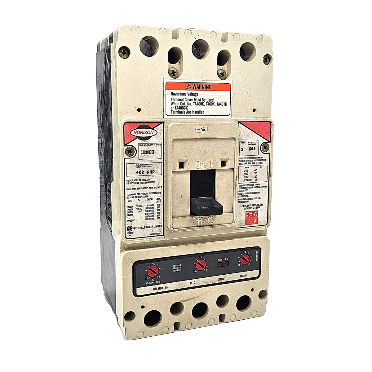 Horizon / Federal Pioneer CLJ3400EF Circuit Breaker 3-Pole, 400 Amp, 600V AC Max, CLJ Frame, Electronic Trip