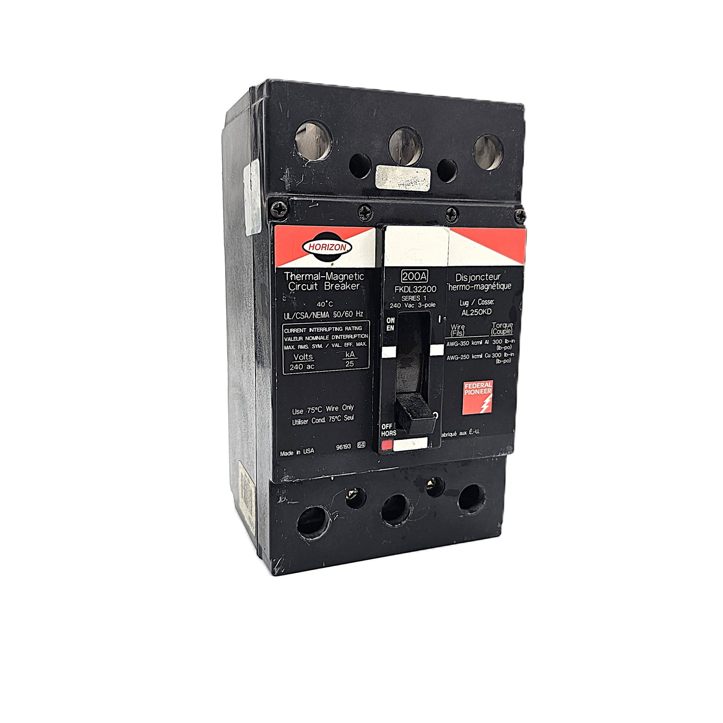 Horizon / Federal Pioneer FKDL32200 Circuit Breaker 3-Pole, 200 Amp, 240V AC Max, FKDL Frame, Thermal-Magnetic