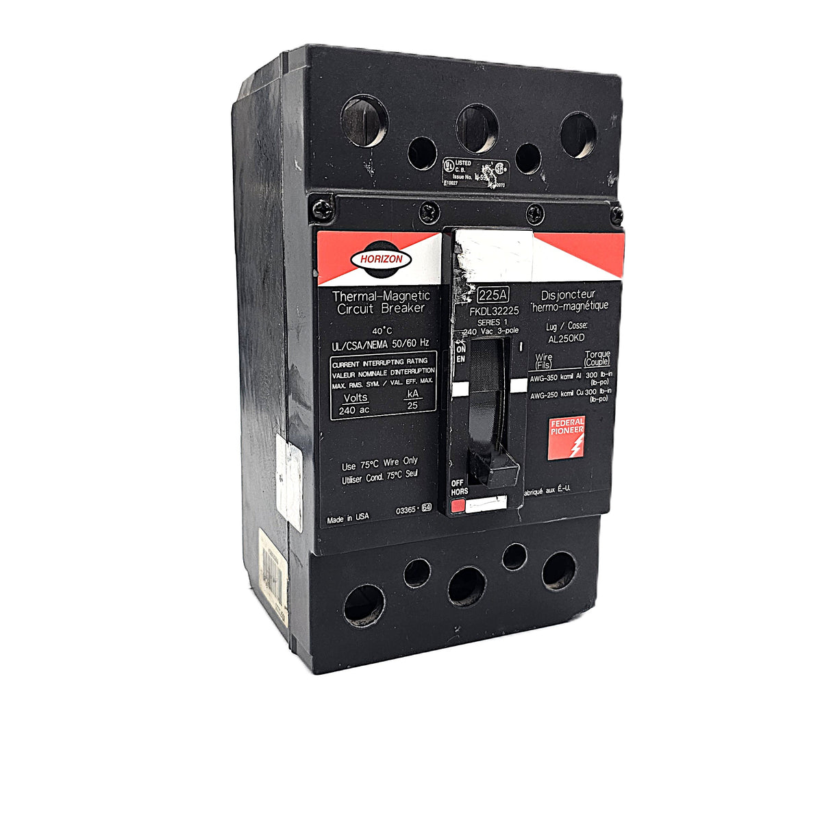 Horizon / Federal Pioneer FKDL32225 Circuit Breaker 3-Pole, 225 Amp, 240V AC Max, FKDL Frame, Thermal-Magnetic