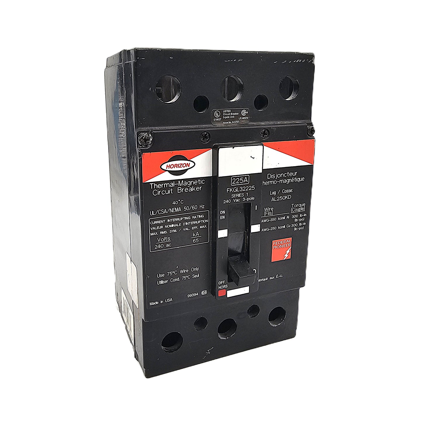 Federal Pioneer Horizon FKGL32225 Circuit Breaker 3-Pole, 225 Amp, 240V AC, Series 1, Thermal-Magnetic