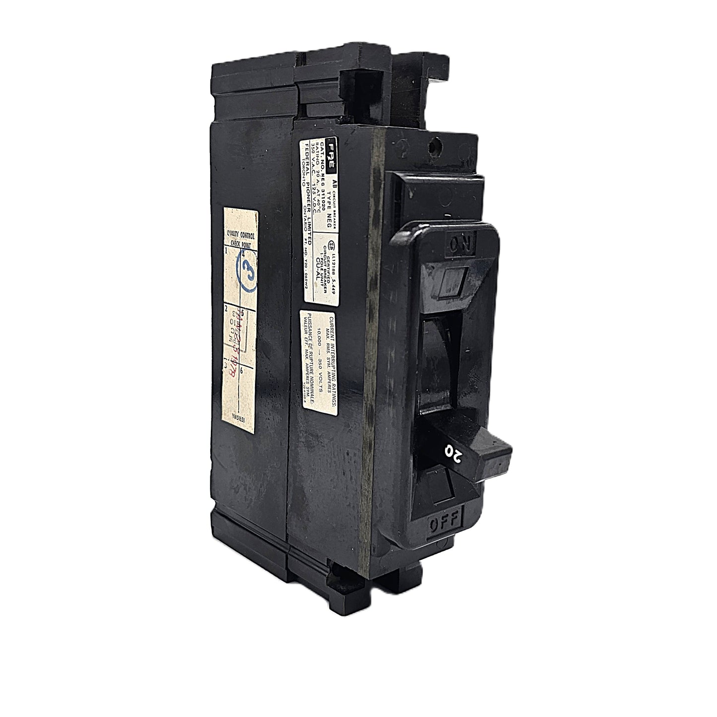 Federal Pioneer NEF311020 Circuit Breaker  1-Pole, 20 Amp, 240V AC, Thermal Magnetic