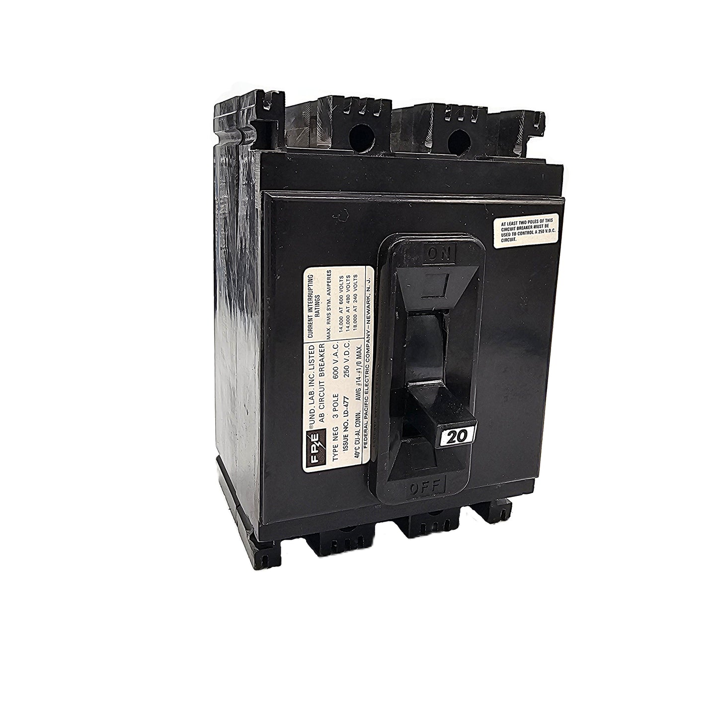 Federal Pioneer NEG631020 Circuit Breaker 3-Pole, 20 Amp, 600V AC, Bolt-On, Thermal Magnetic