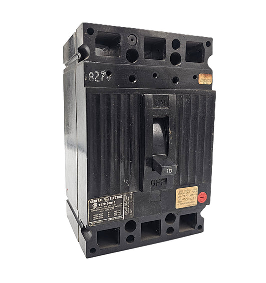 USED General Electric TED136015 Circuit Breaker 3-Pole, 15 Amp, 480/277V AC, Bolt-On, TED Frame