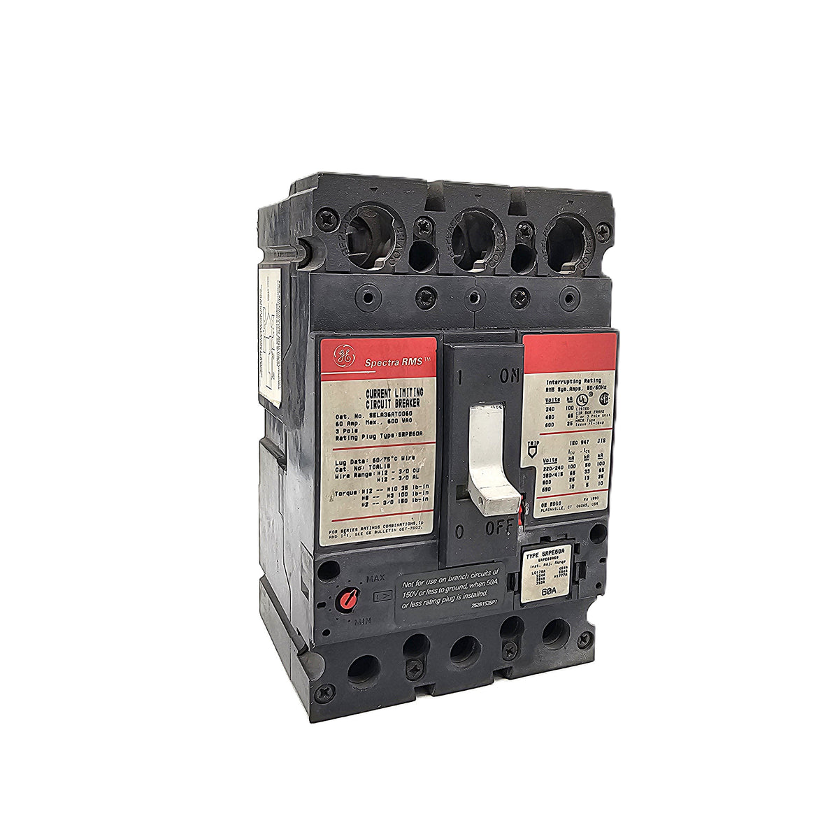 General Electric Spectra RMS SELA36AT0100 Circuit Breaker 3-Pole, 100 A frame with 80 Amp trip unit, 600V AC, Current Limiting, SELA Frame – Red Label