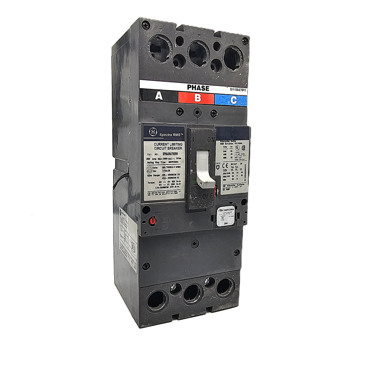 General Electric Spectra RMS SFHA36AT0250 Circuit Breaker 3-Pole, 250 Amp, 600V AC, Current Limiting, SELA Frame