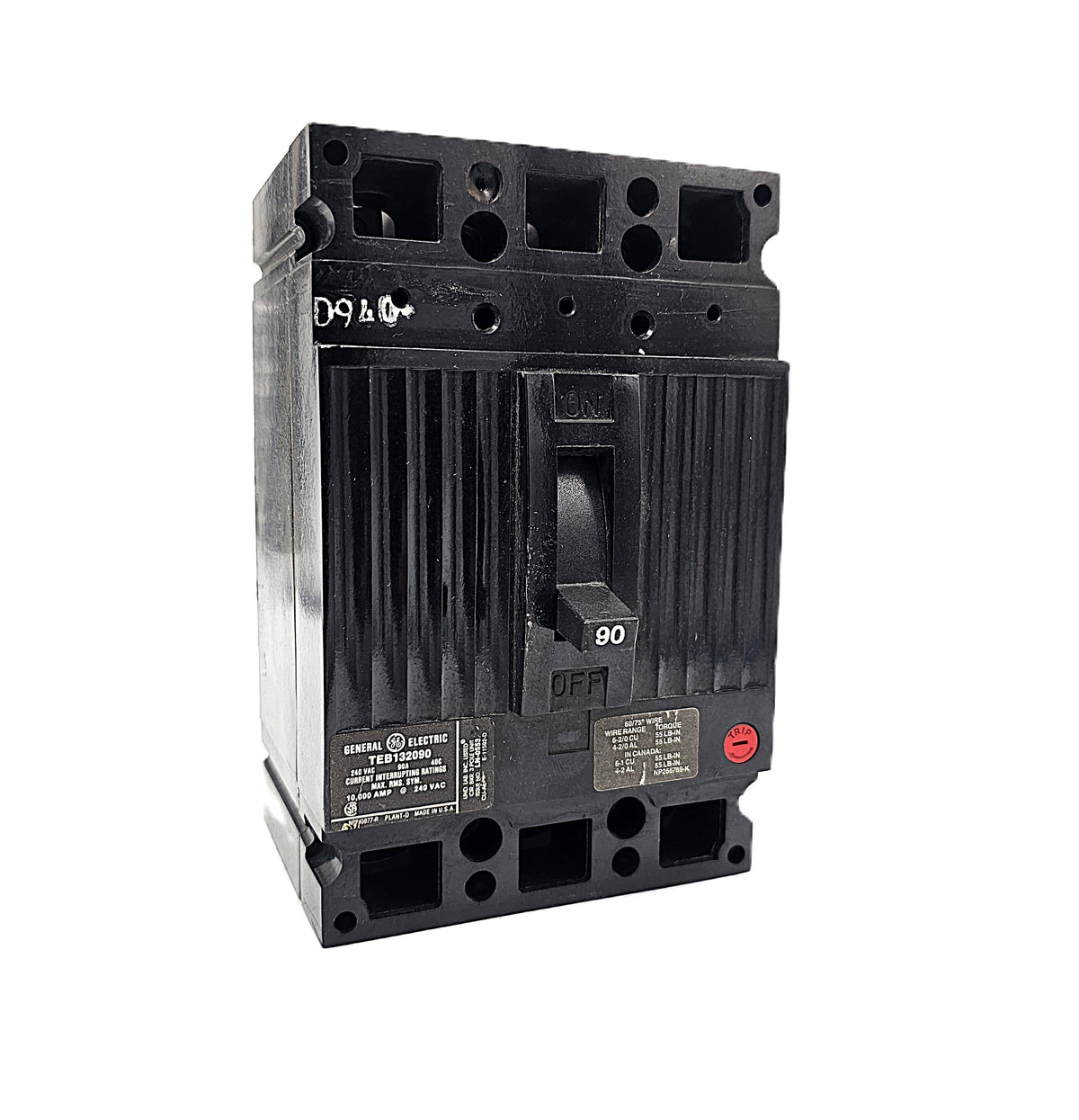 General Electric TEB132090 Circuit Breaker 3-Pole, 90 Amp, 240V AC, Bolt-On, TEB Frame