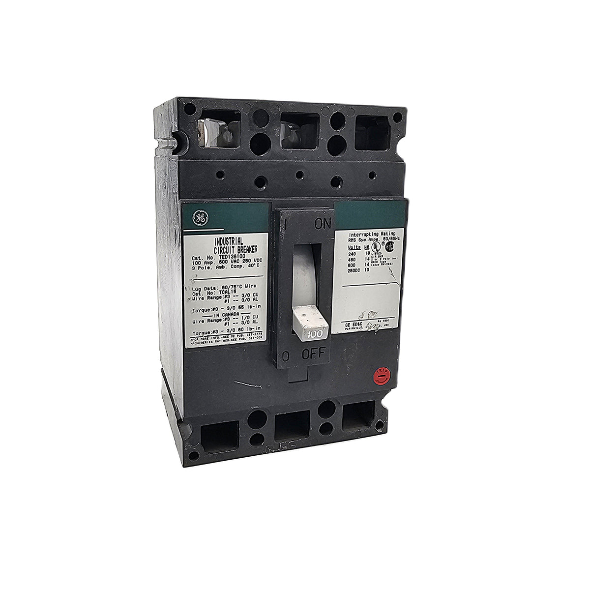 General Electric TED136100 Circuit Breaker 3-Pole, 100 Amp, 600V AC / 250V DC, Bolt-On, TQD Frame