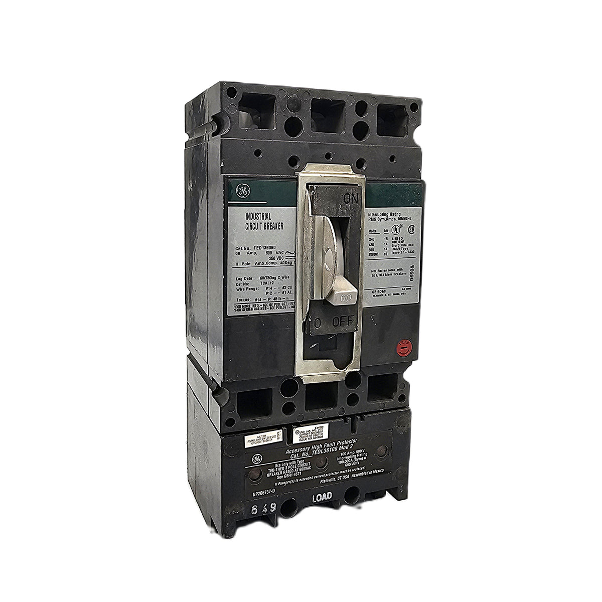 General Electric TED136060 Circuit Breaker 3-Pole, 60 Amp, 600V AC / 250V DC, Bolt-On, with high fault protector