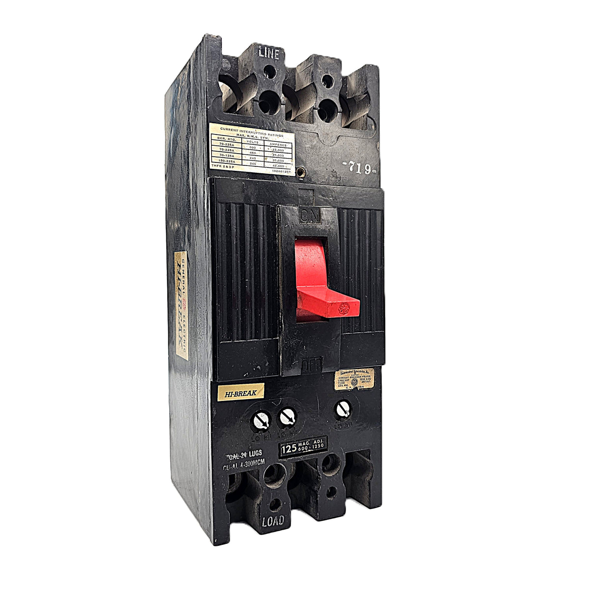 General Electric Hi-Break THFK236125 Circuit Breaker 3-Pole, 125 Amp, 600V AC, Bolt-On, Hi-Break Frame