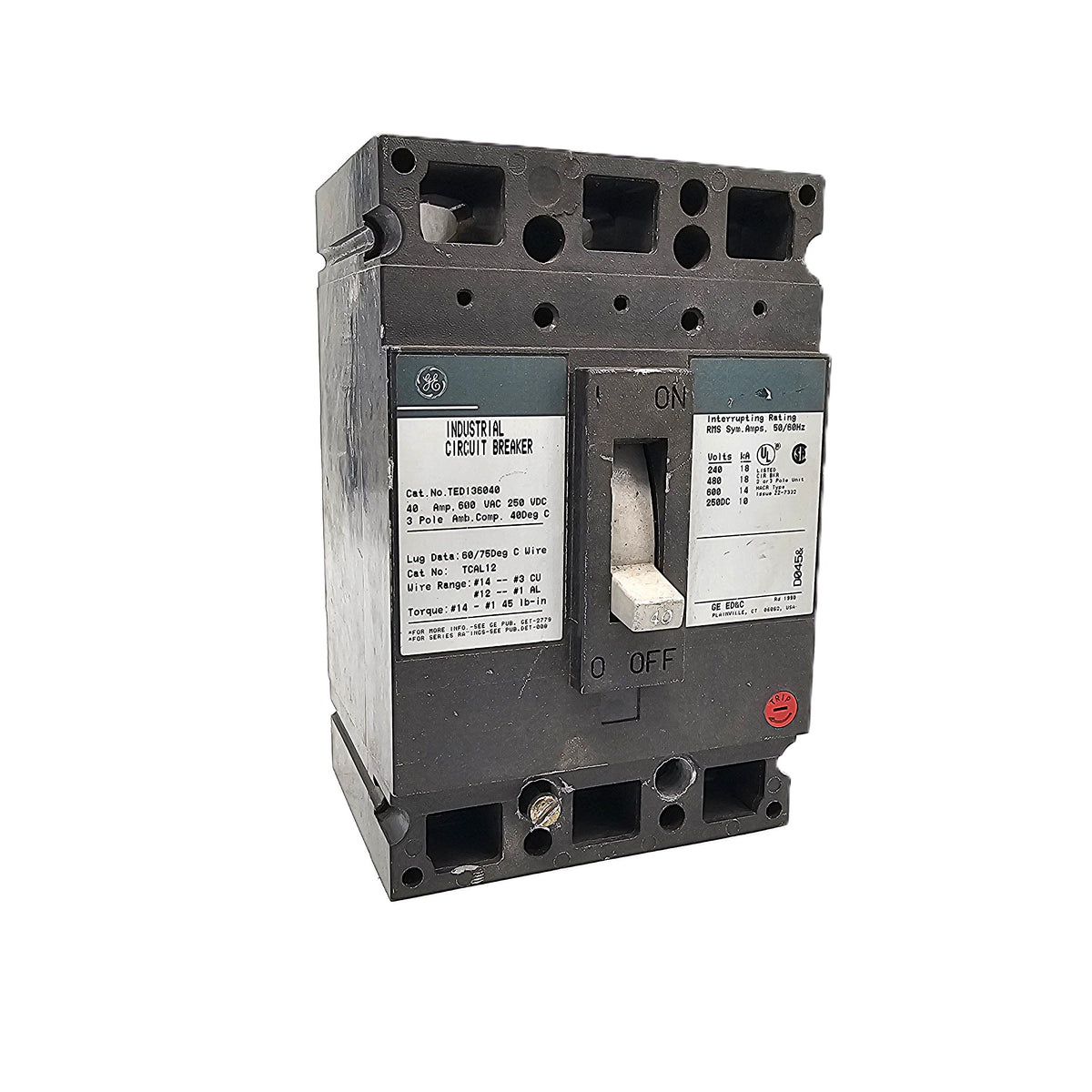 General Electric TED136040 Circuit Breaker 3-Pole, 40 Amp, 600V AC / 250V DC, Industrial, TED Frame, Bolt-On