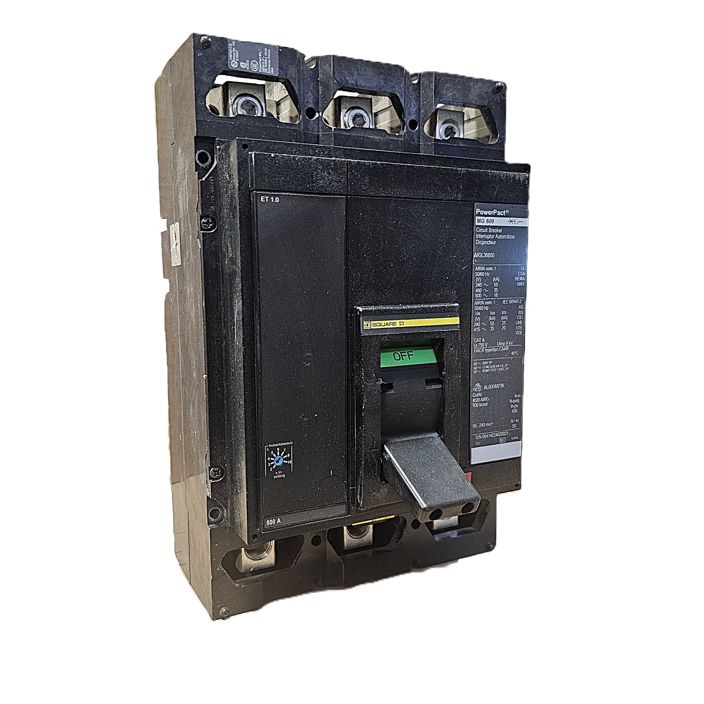 Schneider Electric PowerPact MGL36600 Circuit Breaker 3-Pole, 600 Amp, 600V AC, Bolt-On, MG Frame