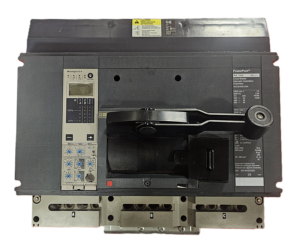 Schneider Electric PowerPact RKA36100CU44A Circuit Breaker 3-Pole, 1000 Amp, 600V AC, Bolt-On, RK1000 Frame