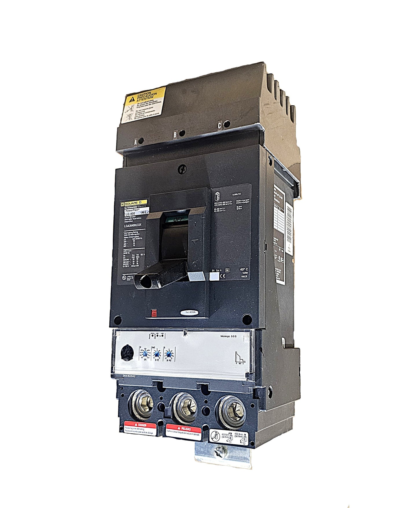 Schneider Electric PowerPact LGA36400U33X  LG400 Circuit Breaker 3-Pole, 400 Amp, 600V AC, Bolt-On, LG Frame