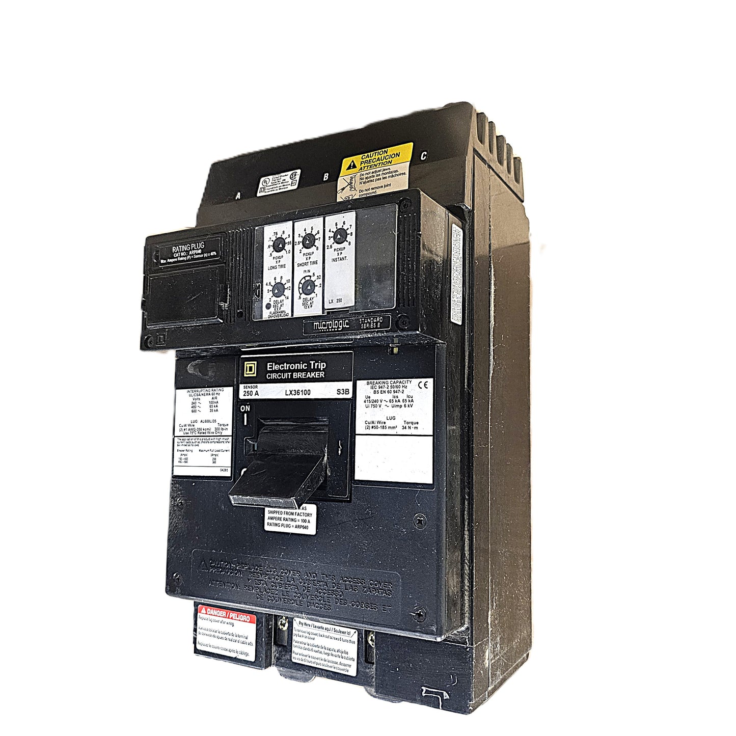 Square D LX36100 Electronic Trip Circuit Breaker 3-Pole, 100 A, 250 Amp Sensor, 600V AC, Bolt-On, LX Frame