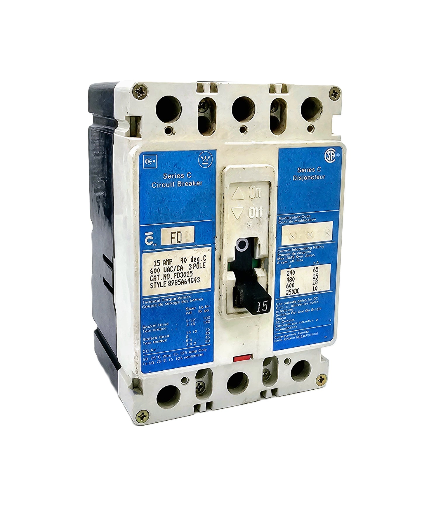 Eaton FD3015 Series C Circuit Breaker 15 Amps 3-Pole 600VAC/250VDC Bolt-On