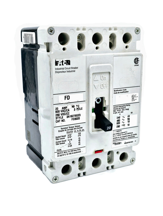 Eaton FD3020 Industrial Circuit Breaker 20Amps 3-Pole 600VAC/250 VDC Bolt-On