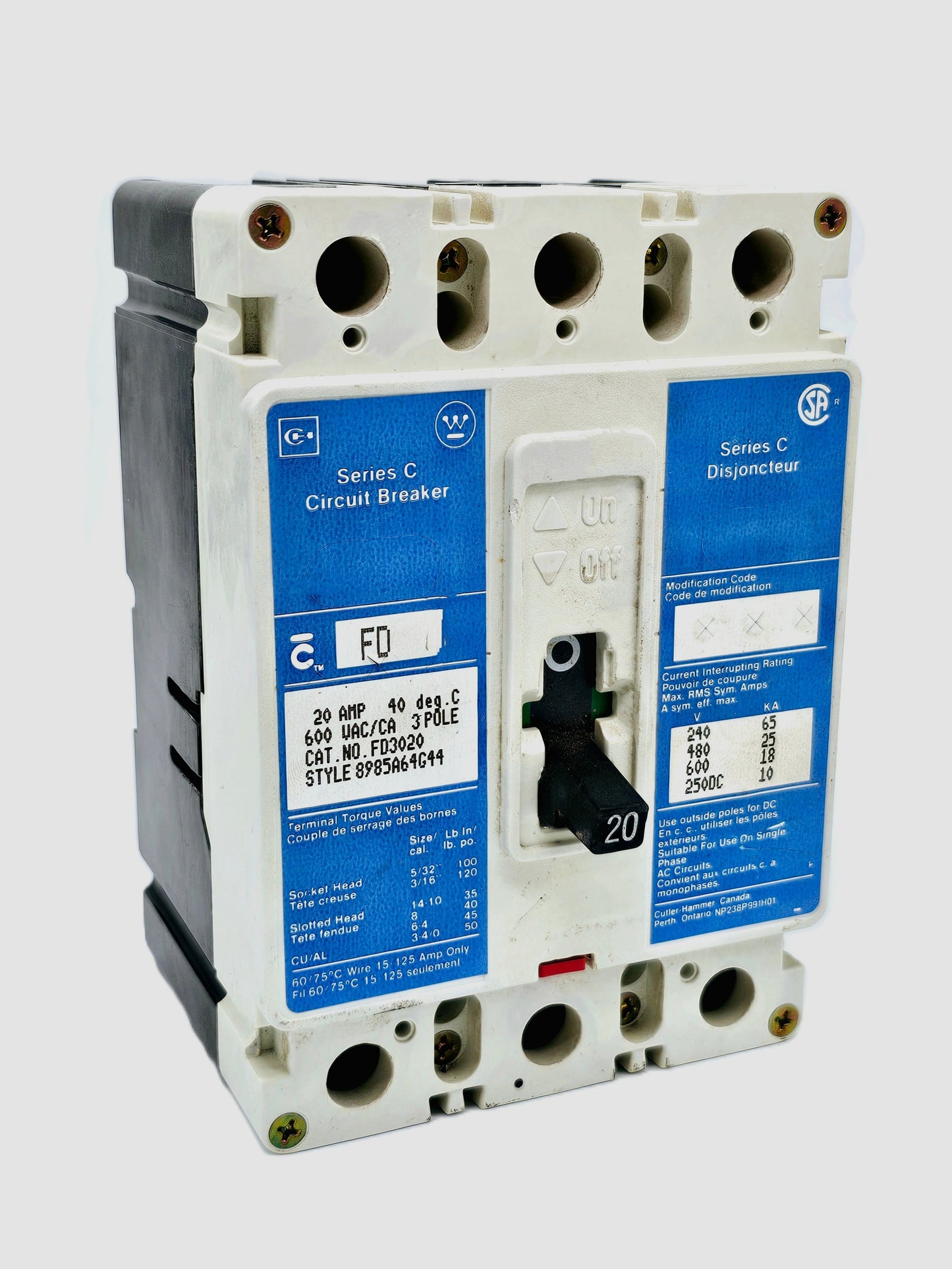The Eaton Cutler-Hammer FD3020 3-pole, 20 Amp, circuit breaker Series C (FD Frame) Bolt-On