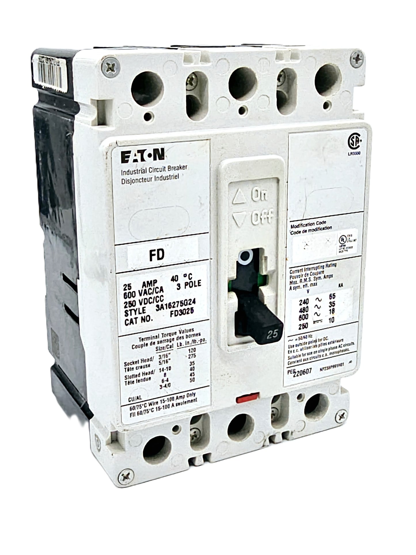 Eaton FD3025 is a 3-pole, 25 Amp molded case circuit breaker FD Series Bolt-On 600VAC/250 VDC