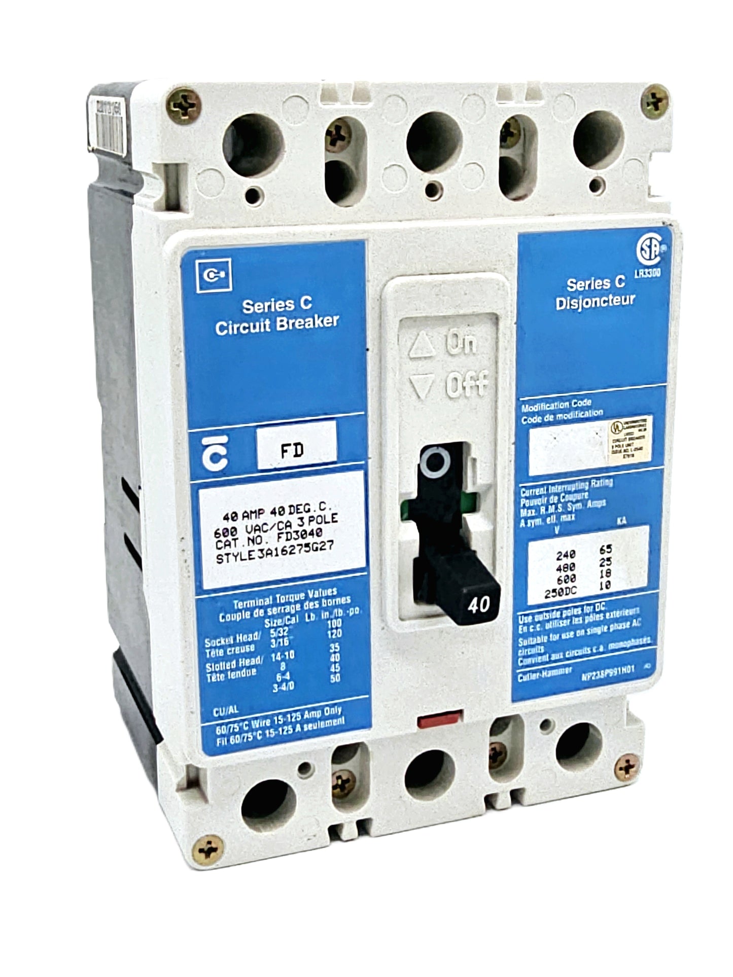 Eaton FD3040 Series C Circuit Breaker 3-pole, 40 Amp, 600 VAC / 250 VDC Bolt-On