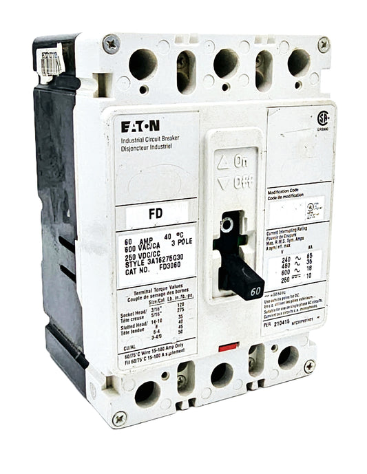Eaton FD3060 Industrial Circuit Breaker 60 Amp, 3-pole FD Series 600 VAC / 250 VDC Bolt-On