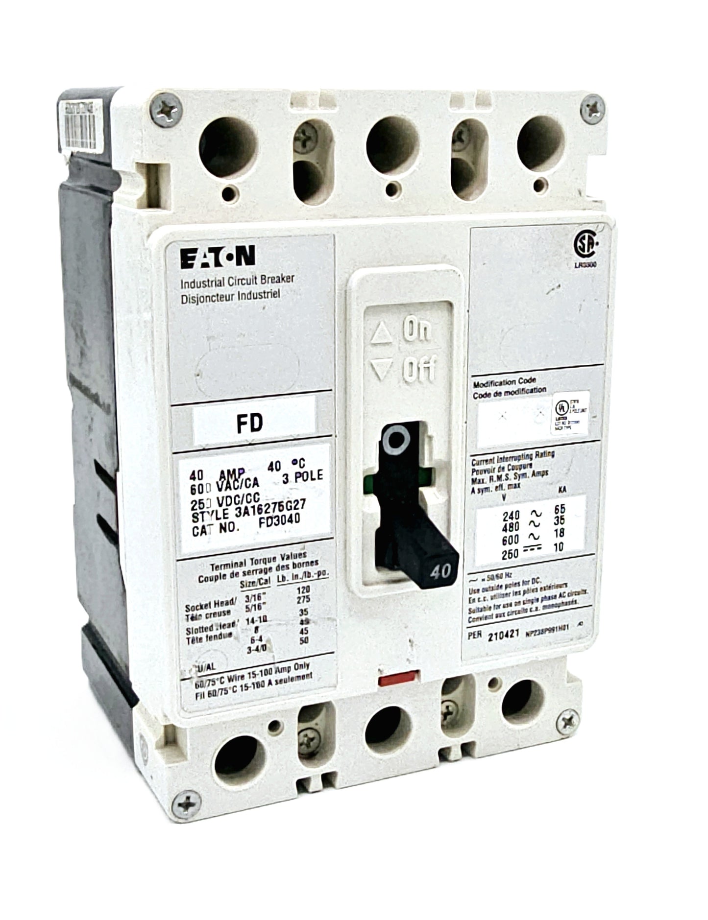 Eaton FD3040 Industrial Circuit Breaker 3-pole, 40 Amp 600 VAC / 250 VDC Bolt-On
