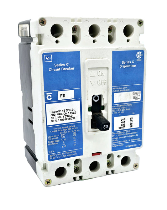 Eaton FD3060 Series C Circuit Breaker 60 Amp, 3-pole Series C Bolt-On 600 VAC / 250 VDC