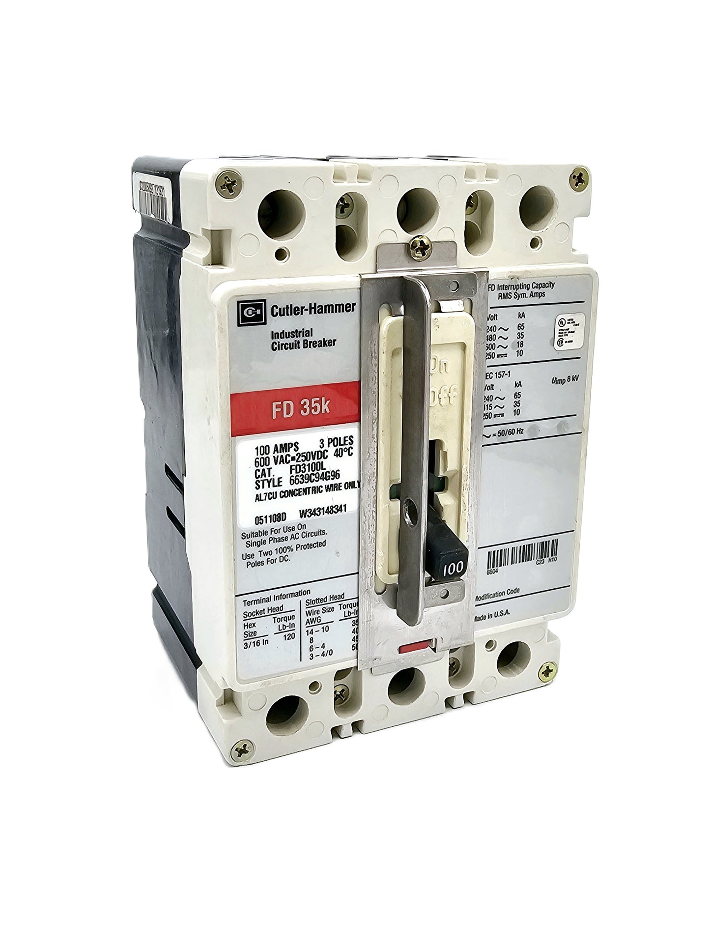 Cutler-Hammer FD3100L – FD 35k Industrial Circuit Breaker 100 Amp, 3-pole  600 VAC / 250 VDC  Bolt-On